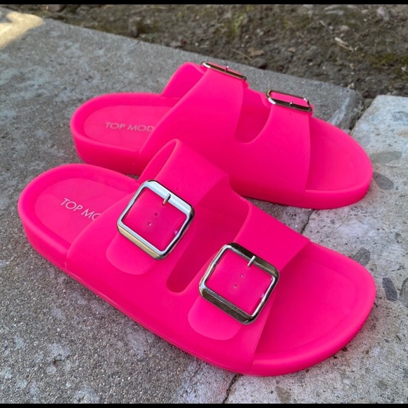 ONELEFT Neon Pink Matte Jelly Slides Double Buckle - Picture 2 of 2